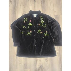 Vtg NWT The Quacker Factory Velvet Shirt Jacket Women's Size L Embroidered Roses